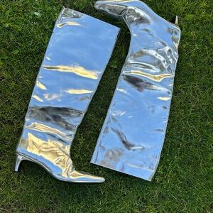 STAUD Metallic Silver Over the Knee Boots